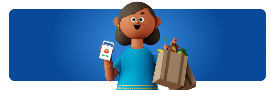 Image with kroji holding bag of groceries