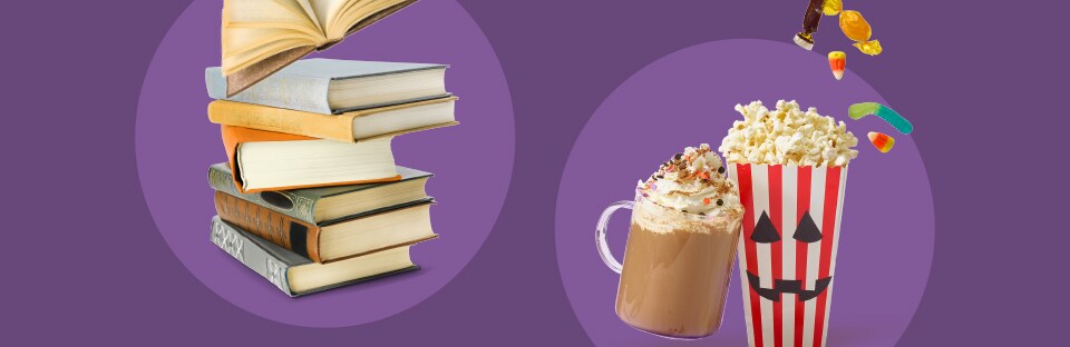 stack of books, popcorn, candy, warm fall drink