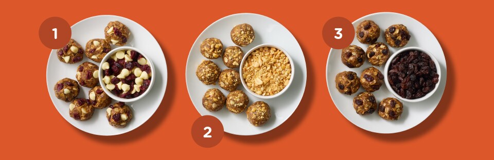 3 plates of no bake energy bites with different mix ins