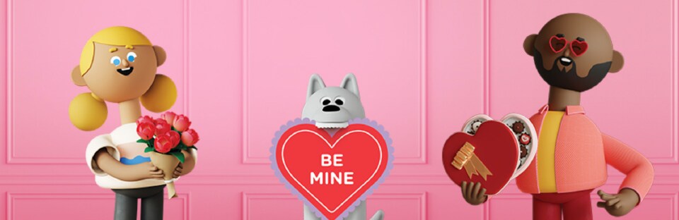 girl holding flowers with dog holding valentine sign with man holding box of chocolate