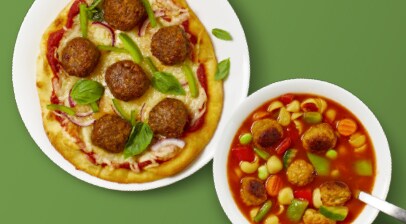 Meatball flatbread and soup