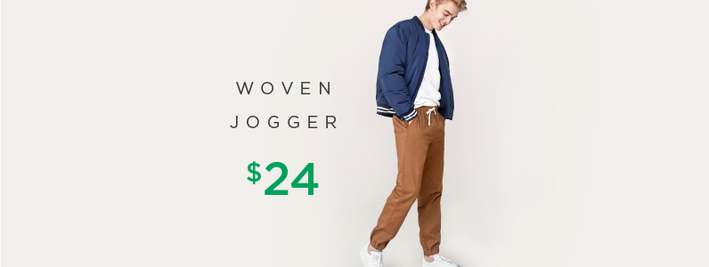 young man in woven jogger