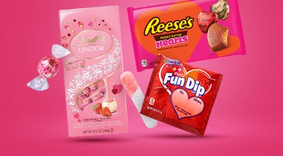 Shop candy for your Valentine like Reese’s Cups, Fun Dip and Lindt Truffles.