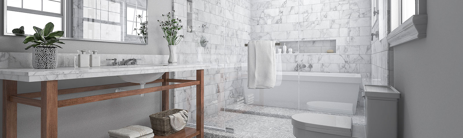 A grand, sparkling clean bathroom with white marble tiling and abundant natural light