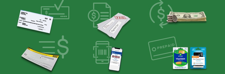 Consolidated representation of all the money services available at Food 4 Less including check cashing, bill pay, money transfers, money orders, account funding, and prepaid cards.