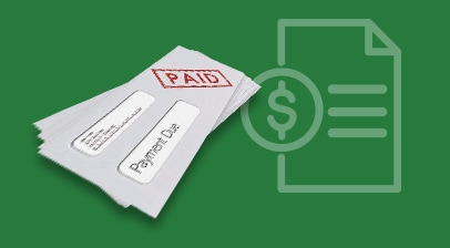 Example of a bill that is in a white envelope with clear cellophane windows for to and from address. The bills are marked as "Paid" with a red stamp. 