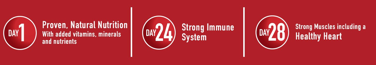 Day one proven natural nutrition. Day 24 strong immune system. Day 28 strong muscles including a healthy heart